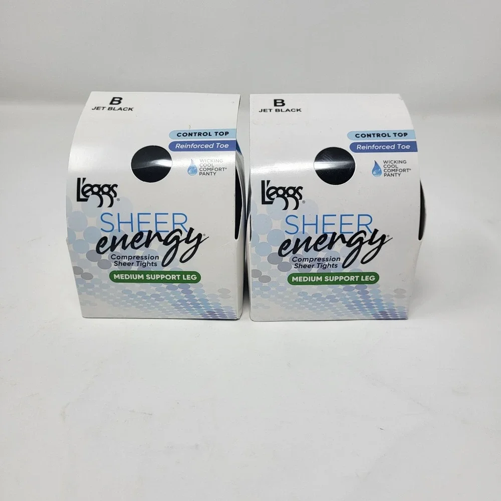 2 pair L'eggs Sheer Energy Medium‎ Jet Black B Support Control Top Compression